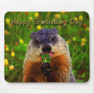 Happy Groundhog Day Eating Flower Mouse Mat