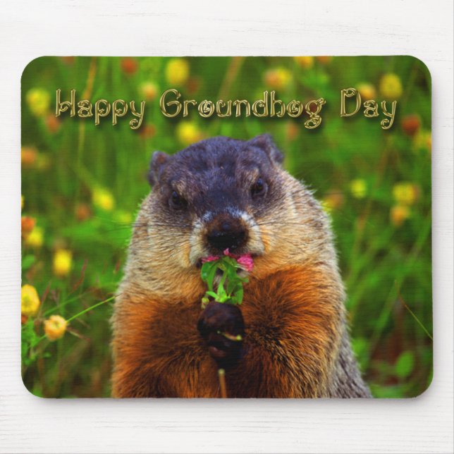 Happy Groundhog Day Eating Flower Mouse Mat (Front)
