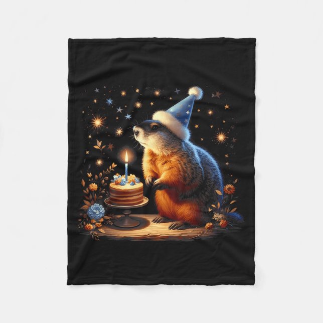 Happy Groundhog Day Ground Hog With Birthday Cake  Fleece Blanket (Front)