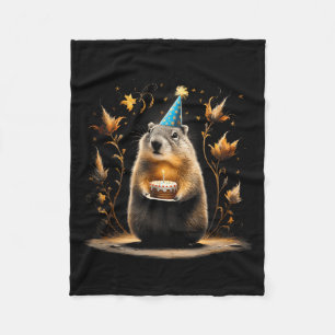 Happy Groundhog Day Ground Hog With Birthday Cake  Fleece Blanket