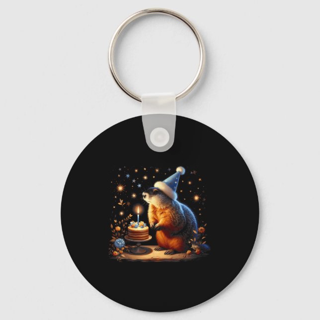 Happy Groundhog Day Ground Hog With Birthday Cake  Key Ring (Front)