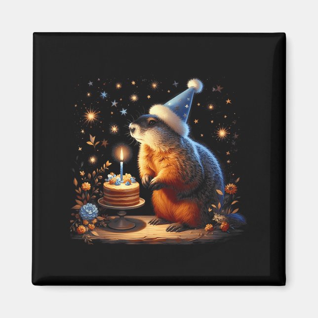 Happy Groundhog Day Ground Hog With Birthday Cake  Magnet (Front)