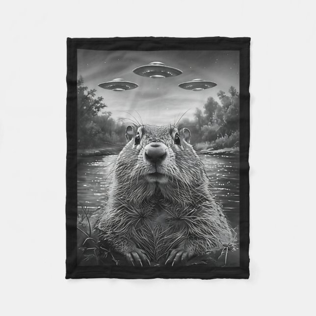 Happy Groundhog Day Groundhog Selfie With Ufos Fun Fleece Blanket (Front)