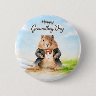 Happy Groundhog Day Watercolor Greeting 6 Cm Round Badge
