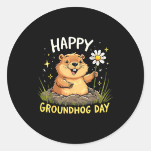 Happy Groundhog Day With Flower  Classic Round Sticker
