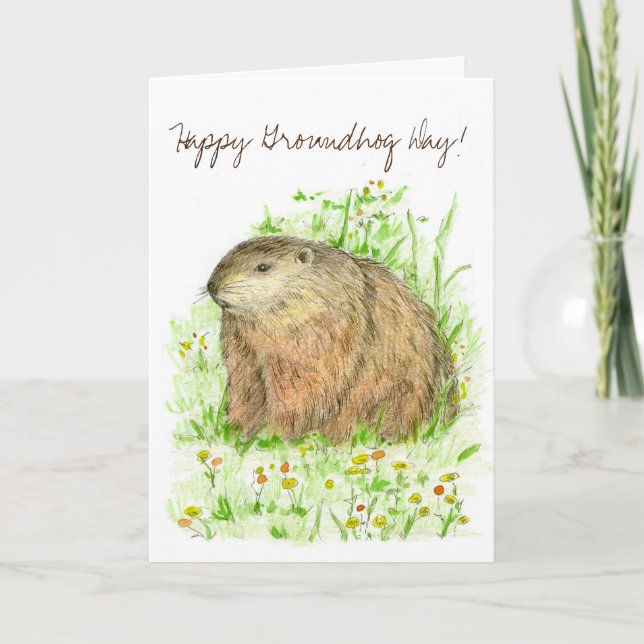 Happy Groundhog Day Woodchuck Drawing Card (Front)