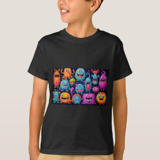 Happy group of colourful monsters on black T-Shirt