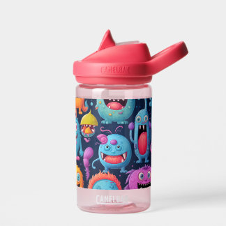 Happy group of colourful monsters on black  water bottle