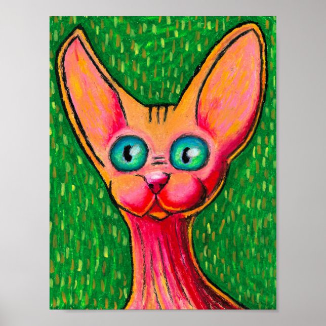 Happy Hairless Cat in Oil Pastel on Green Poster (Front)