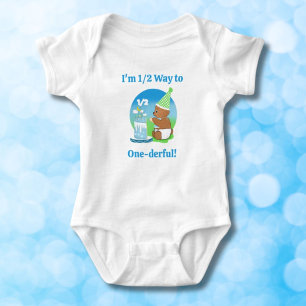Happy Half Birthday Baby Bear with Cake  Bodysuit