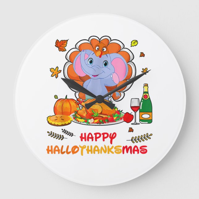 Happy Hallo Elephant Drinking Wine Thank You Gift  Large Clock (Front)