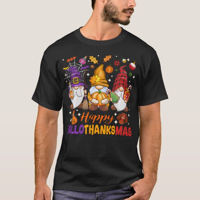 Happy Hallo Thanks Mas Halloween Thanksgiving Chri T-Shirt (Front)