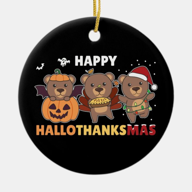 Happy Hallothanksma's Bears Christmas Bear Ceramic Tree Decoration (Front)