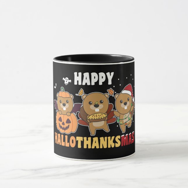 Happy Hallothanksmas Beaver Christmas Beaver Mug (Center)