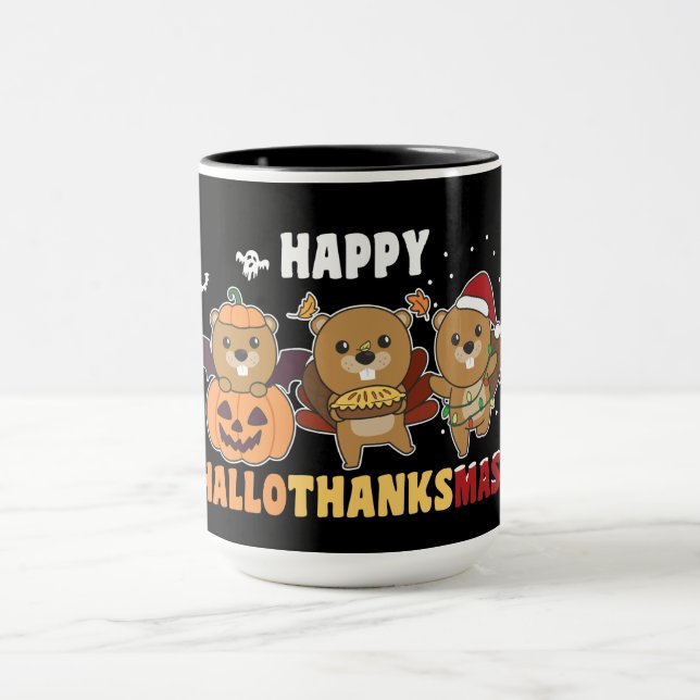 Happy Hallothanksmas Beaver Christmas Beaver Mug (Center)