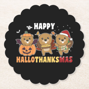 Happy Hallothanksmas Beaver Christmas Beaver Paper Coaster