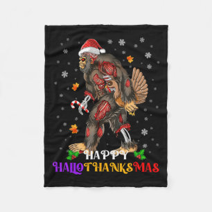 Happy Hallothanksmas Bigfoot Halloween Thanksgivin Fleece Blanket