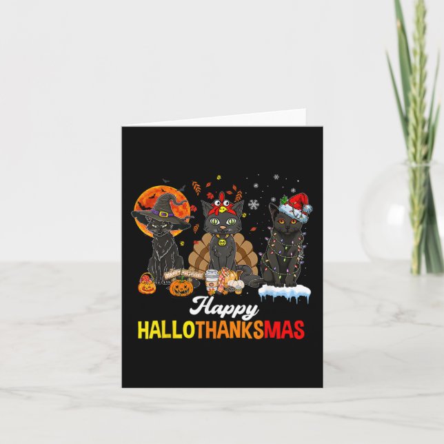 Happy Hallothanksmas Black Cat Halloween Thanksgiv Card (Front)