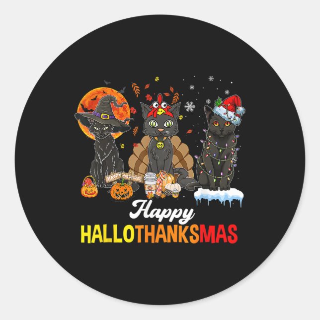 Happy Hallothanksmas Black Cat Halloween Thanksgiv Classic Round Sticker (Front)