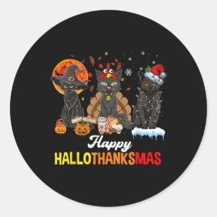 Happy Hallothanksmas Black Cat Halloween Thanksgiv Classic Round Sticker