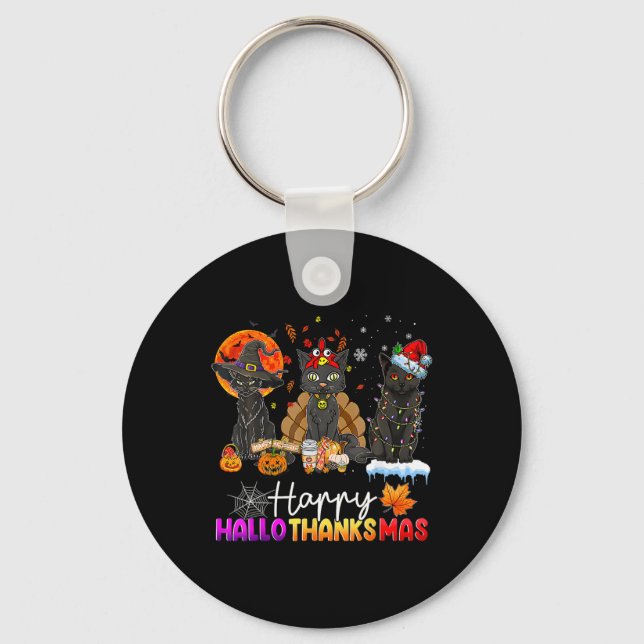 Happy Hallothanksmas Black Cat Halloween Thanksgiv Key Ring (Front)
