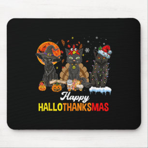 Happy Hallothanksmas Black Cat Halloween Thanksgiv Mouse Mat