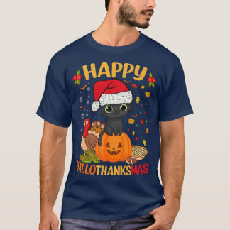 Happy HalloThanksMas Black Cat Santa Hat Holiday S T-Shirt
