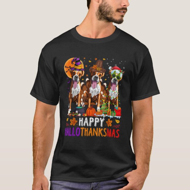 Happy Hallothanksmas Boxer Dog Halloween Christmas T-Shirt (Front)