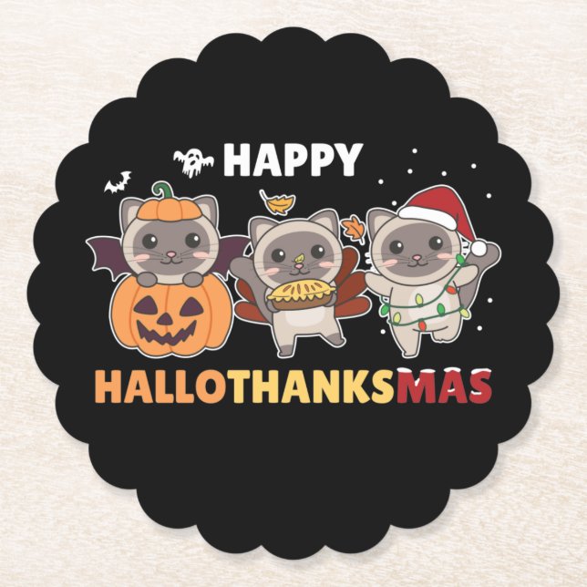 Happy Hallothanksmas Cat Christmas Elephant Paper  Coaster (Front)