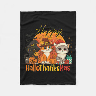 Happy Hallothanksmas Cat Halloween Christmas Thank Fleece Blanket
