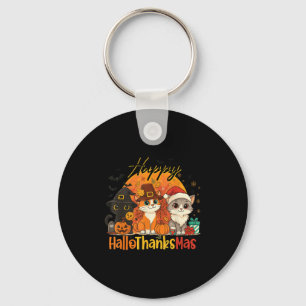 Happy Hallothanksmas Cat Halloween Christmas Thank Key Ring