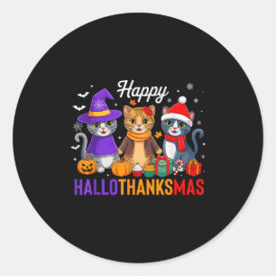 Happy Hallothanksmas Cat Halloween Thanksgiving Ch Classic Round Sticker