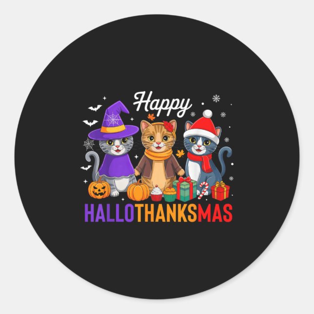 Happy Hallothanksmas Cat Halloween Thanksgiving Ch Classic Round Sticker (Front)