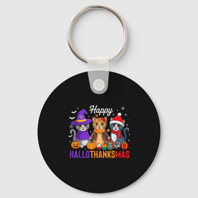 Happy Hallothanksmas Cat Halloween Thanksgiving Ch Key Ring (Front)