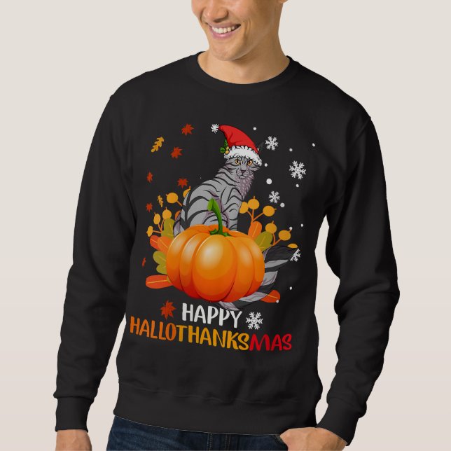 Happy HalloThanksmas Cat Lover Gift Shirt (Front)