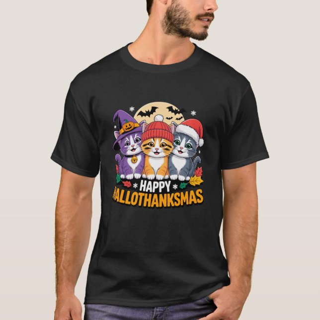 Happy Hallothanksmas Cat Trio Holidays Friends Mat T-Shirt (Front)