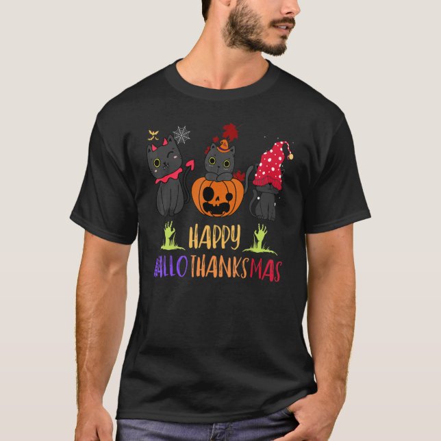 Happy Hallothanksmas Cat Vampire Santa Hat Pumpkin T-Shirt (Front)