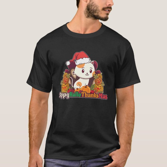 Happy HalloThanksMas Cat With Santa Hat Thanksgivi T-Shirt (Front)