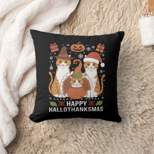 Happy Hallothanksmas Cats Halloween Christmas Cushion