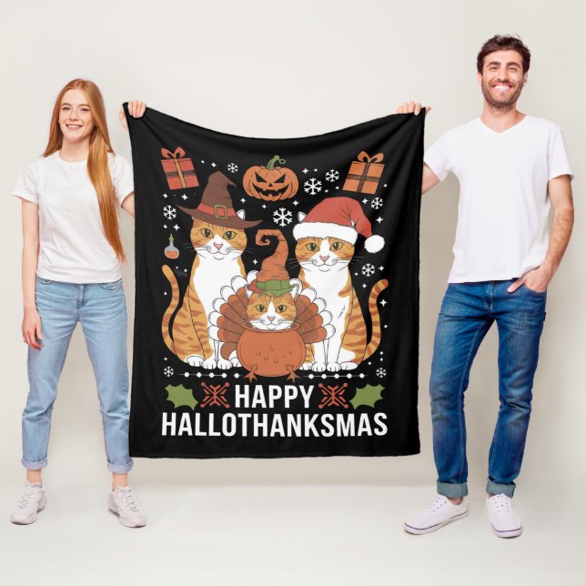 Happy Hallothanksmas Cats Halloween Christmas  Fleece Blanket (In Situ)
