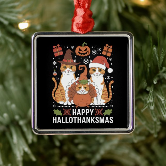 Happy Hallothanksmas Cats Halloween Christmas  Metal Tree Decoration (Tree)