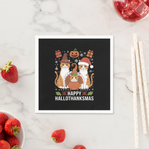 Happy Hallothanksmas Cats Halloween Christmas Napkin