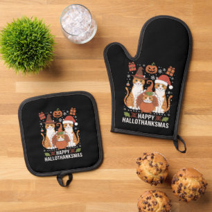Happy Hallothanksmas Cats Halloween Christmas Oven Mitt & Pot Holder Set