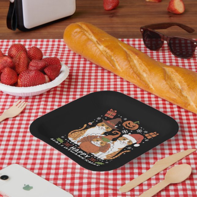 Happy Hallothanksmas Cats Halloween Christmas  Paper Plate (Picnic)