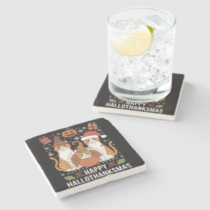 Happy Hallothanksmas Cats Halloween Christmas Stone Coaster
