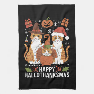 Happy Hallothanksmas Cats Halloween Christmas Tea Towel