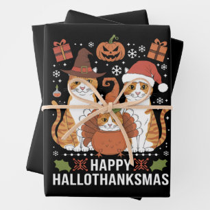 Happy Hallothanksmas Cats Halloween Christmas Wrapping Paper Sheet