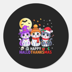 Happy Hallothanksmas Cats Halloween Thanksgiving C Classic Round Sticker