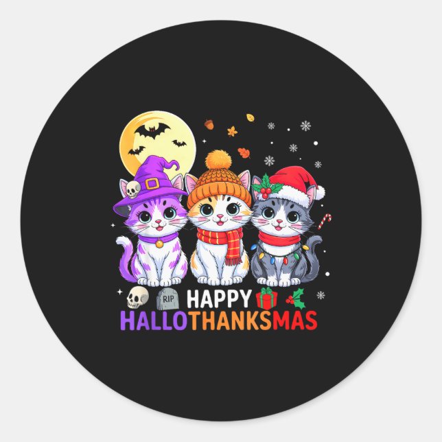 Happy Hallothanksmas Cats Halloween Thanksgiving C Classic Round Sticker (Front)