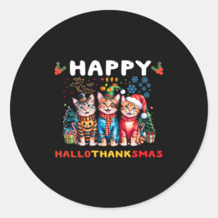 Happy Hallothanksmas Cats Halloween Thanksgiving C Classic Round Sticker